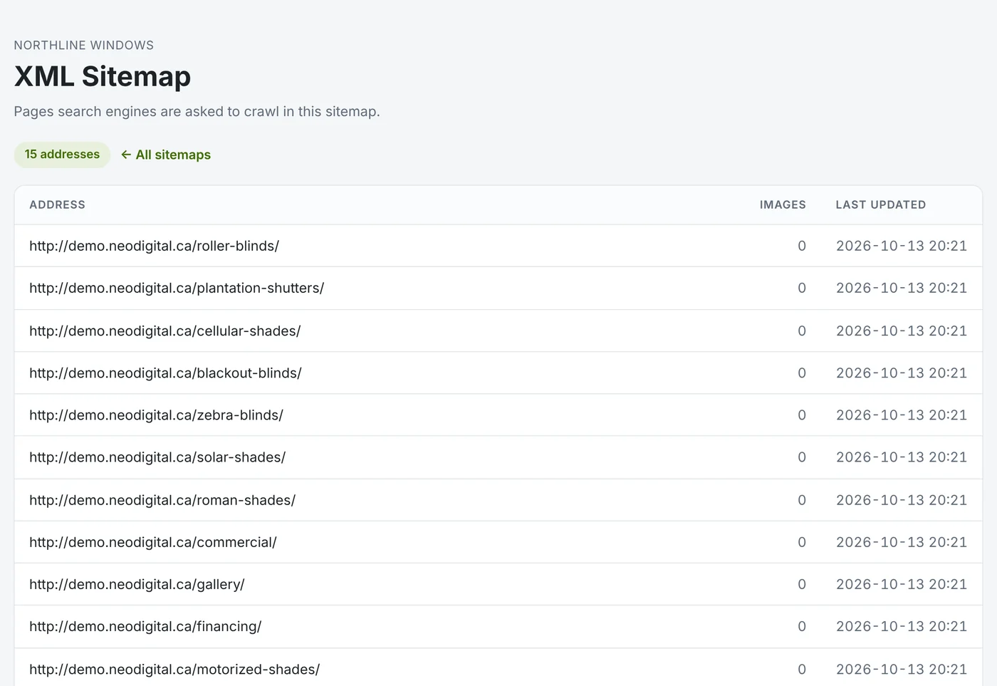 Styled XML sitemap listing pages and last-updated dates